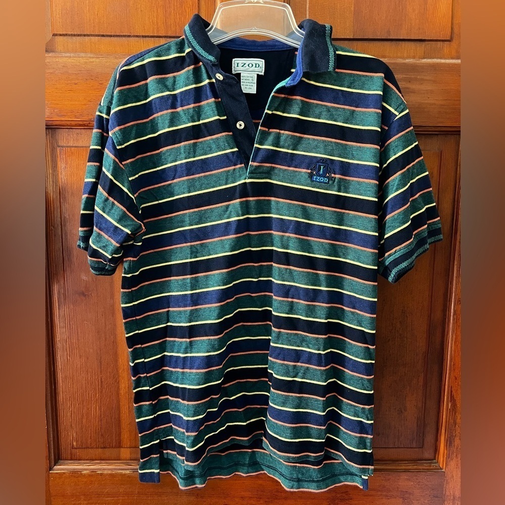 Vintage IZOD Striped Polo Shirt Small 100% Cotton Navy Multicolor Preppy 90s